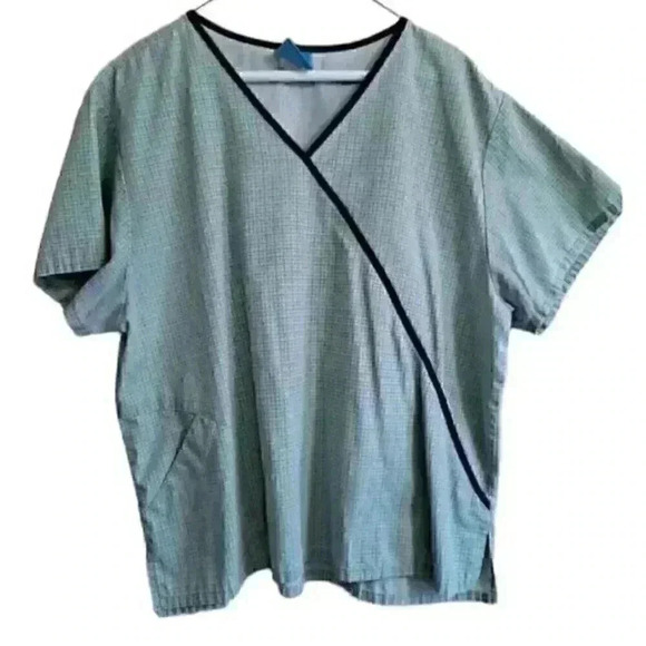 HQ Scrubs Tops - Womens nurses uniform HQ‎ medical Scrub Top L Large navy green check